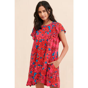 Free People - Floral Print Pink Mini Dress with Flutter Sleeves, Size L